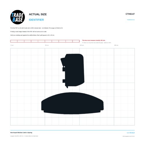 CTH6147 Non-Keyed Window Catch & Spring actual size identifier, 1:1 scale print sheet on a 10 mm grid