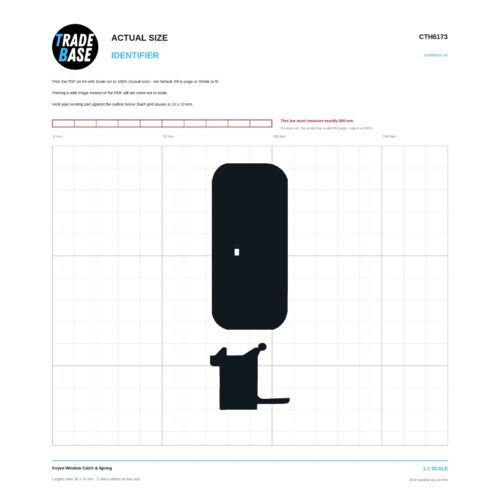 CTH6173 Keyed Window Catch & Spring actual size identifier, 1:1 scale print sheet on a 10 mm grid