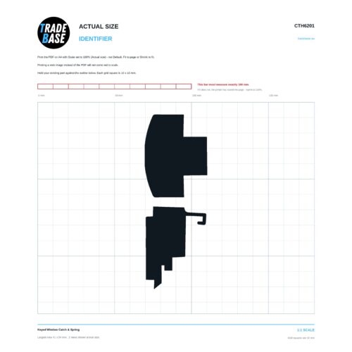CTH6201 Keyed Window Catch & Spring actual size identifier, 1:1 scale print sheet on a 10 mm grid