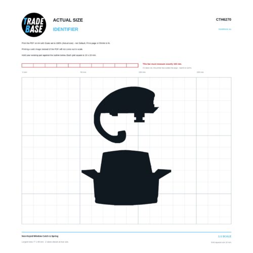 CTH6270 Non-Keyed Window Catch & Spring actual size identifier, 1:1 scale print sheet on a 10 mm grid