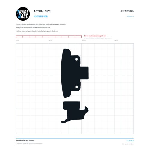 CTH6305BLK Keyed Window Catch & Spring actual size identifier, 1:1 scale print sheet on a 10 mm grid