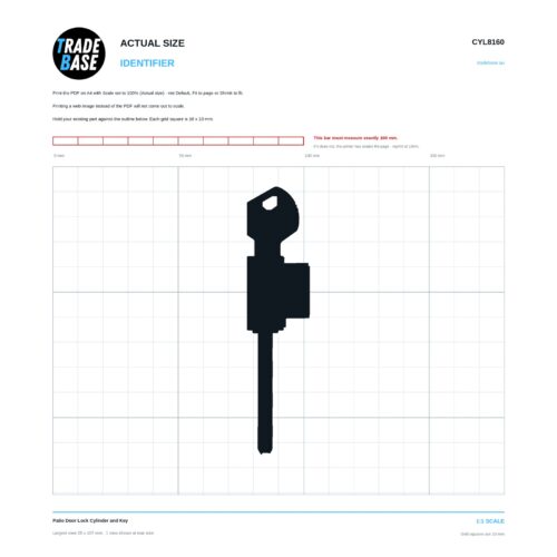 CYL8160 Patio Door Lock Cylinder and Key actual size identifier, 1:1 scale print sheet on a 10 mm grid
