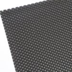 Corner of a black DVA privacy mesh sheet in 2.0mm aluminium showing 45 degree louvred openings in diagonal rows