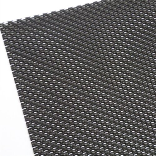 Corner of a black DVA privacy mesh sheet in 2.0mm aluminium showing 45 degree louvred openings in diagonal rows
