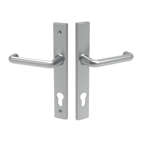 TradeBase Euro Lever Handle Set – Round Rose on Square – Cylinder Hole In & Out – 212mm – Satin Chrome in Satin Chrome