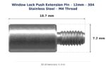 Dimension diagram for EXP2112SS Window Lock Push Extension Pin - TradeBase Australia. All dimensions in millimetres, drawn on the part.