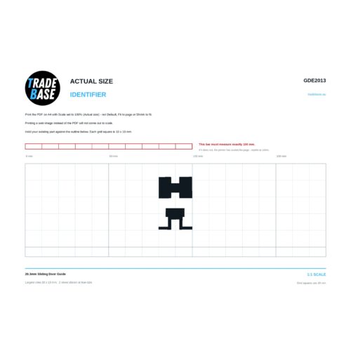 GDE2013 20.3mm Sliding Door Guide actual size identifier, 1:1 scale print sheet on a 10 mm grid