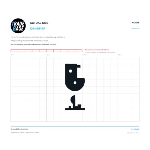 GDE38 38.4mm Sliding Door Guide actual size identifier, 1:1 scale print sheet on a 10 mm grid