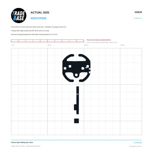 GDE39 38.9mm Nylon Sliding Door Guide actual size identifier, 1:1 scale print sheet on a 10 mm grid