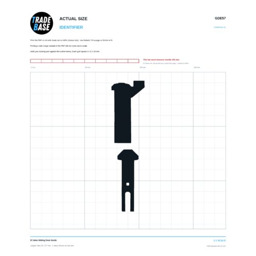 GDE57 57.3mm Sliding Door Guide actual size identifier, 1:1 scale print sheet on a 10 mm grid
