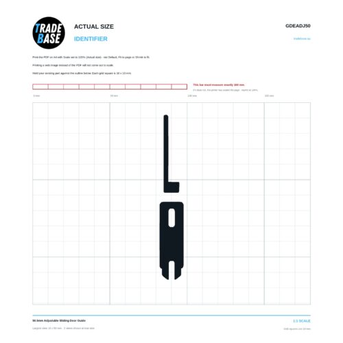GDEADJ50 50.5mm Adjustable Sliding Door Guide actual size identifier, 1:1 scale print sheet on a 10 mm grid