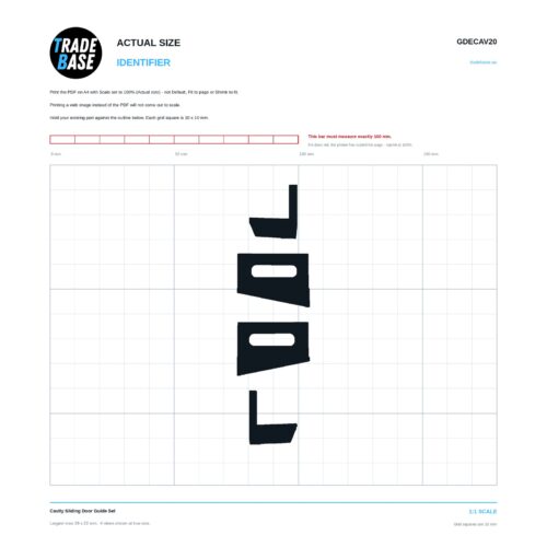 GDECAV20 Cavity Sliding Door Guide Set actual size identifier, 1:1 scale print sheet on a 10 mm grid