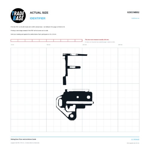 GDECMB52 Sliding Door Floor and Architrave Guide actual size identifier, 1:1 scale print sheet on a 10 mm grid