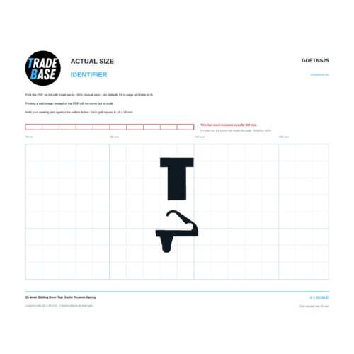 GDETNS25 25.4mm Sliding Door Top Guide Tension Spring actual size identifier, 1:1 scale print sheet on a 10 mm grid