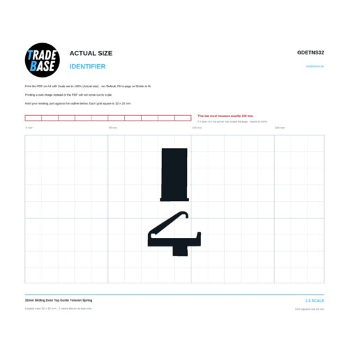 GDETNS32 32mm Sliding Door Top Guide Tension Spring actual size identifier, 1:1 scale print sheet on a 10 mm grid