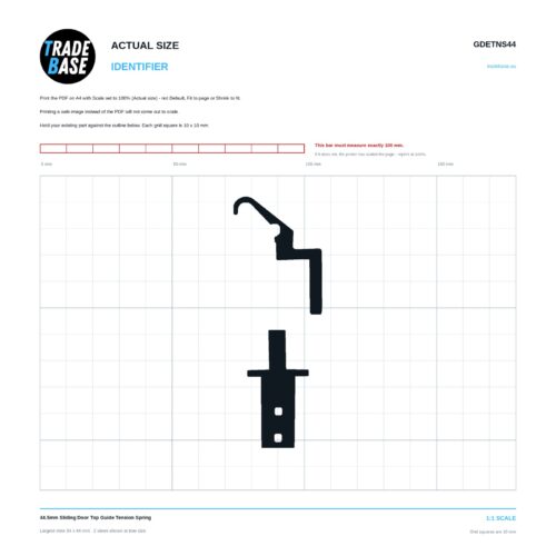 GDETNS44 44.5mm Sliding Door Top Guide Tension Spring actual size identifier, 1:1 scale print sheet on a 10 mm grid