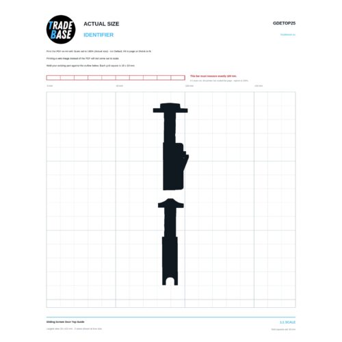 GDETOP25 Sliding Screen Door Top Guide actual size identifier, 1:1 scale print sheet on a 10 mm grid