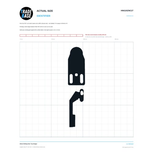 HNG20ZNC27 20mm Sliding Door Top Hanger actual size identifier, 1:1 scale print sheet on a 10 mm grid