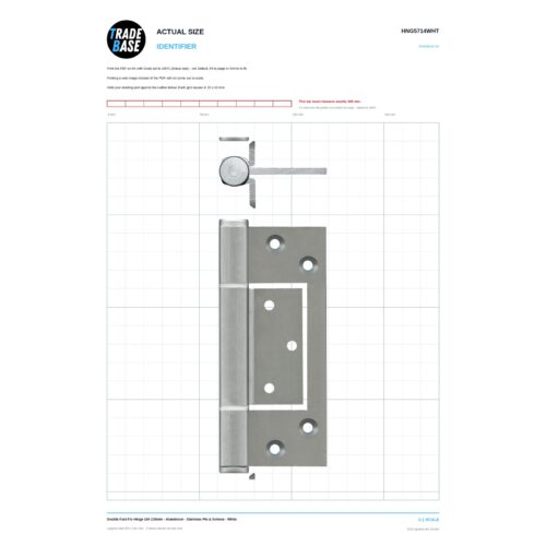 TradeBase HNG5714WHT actual size 1:1 print identifier for the Double Fast-Fix Hinge 104 130mm - Aluminium - Stainless Pin & Screws - White, views measuring 58.3 x 38.4 mm and 58.7 x 141.1 mm, on a 10 mm grid with a 100 mm calibration bar