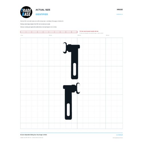 HNG65 65.1mm Adjustable Sliding Door Top Hanger & Roller actual size identifier, 1:1 scale print sheet on a 10 mm grid