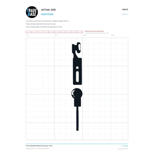 HNG75 75.1mm Adjustable Sliding Door Top Hanger & Roller actual size identifier, 1:1 scale print sheet on a 10 mm grid