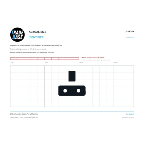 LCK8249 Sliding Aluminium Window Anti-Lift Restrictor actual size identifier, 1:1 scale print sheet on a 10 mm grid