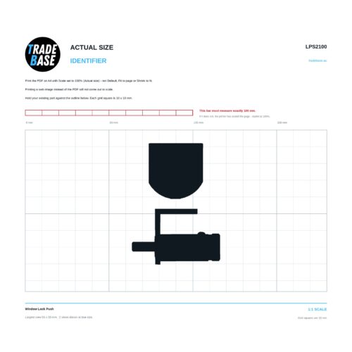 LPS2100 Window Lock Push actual size identifier, 1:1 scale print sheet on a 10 mm grid