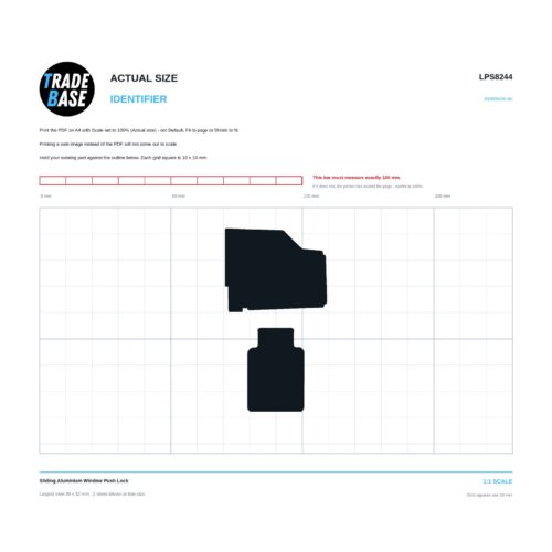 LPS8244 Sliding Aluminium Window Push Lock actual size identifier, 1:1 scale print sheet on a 10 mm grid