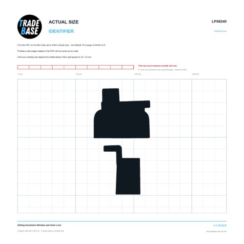 LPS8245 Sliding Aluminium Window and Sash Lock actual size identifier, 1:1 scale print sheet on a 10 mm grid