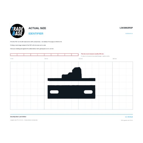 LSK8802RSP Security Door Lock Striker actual size identifier, 1:1 scale print sheet on a 10 mm grid