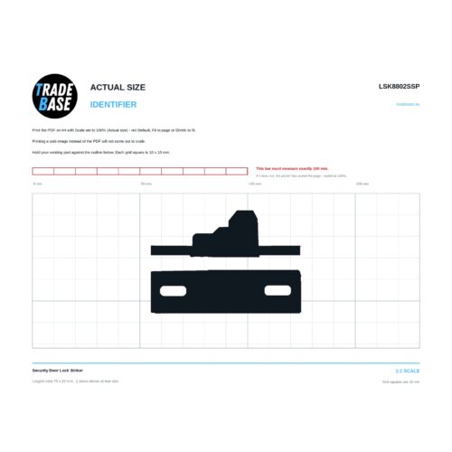 LSK8802SSP Security Door Lock Striker actual size identifier, 1:1 scale print sheet on a 10 mm grid