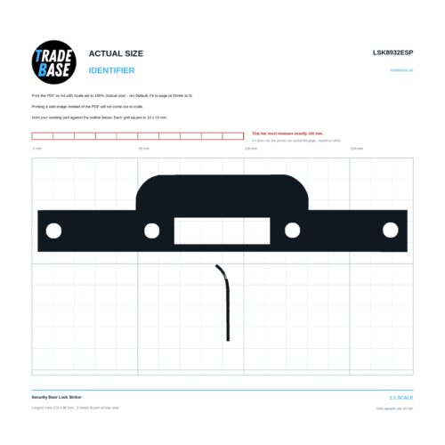 LSK8932ESP Security Door Lock Striker actual size identifier, 1:1 scale print sheet on a 10 mm grid