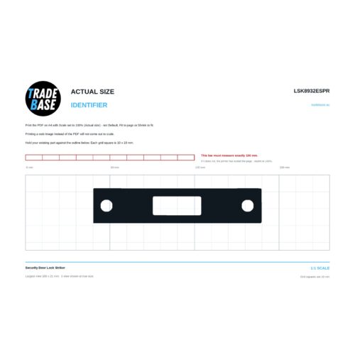 LSK8932ESPR Security Door Lock Striker actual size identifier, 1:1 scale print sheet on a 10 mm grid
