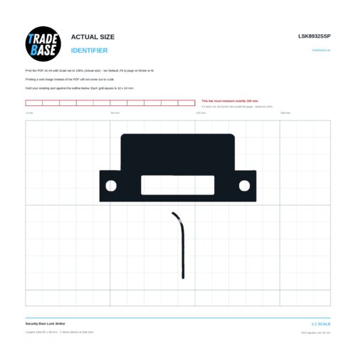 LSK8932SSP Security Door Lock Striker actual size identifier, 1:1 scale print sheet on a 10 mm grid