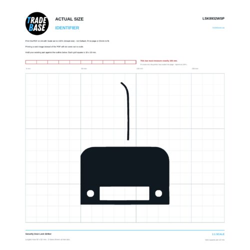 LSK8932WSP Security Door Lock Striker actual size identifier, 1:1 scale print sheet on a 10 mm grid