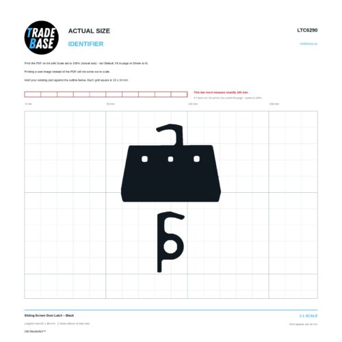 Actual size 1:1 printable identifier for LTC6290 Sliding Screen Door Latch - TradeBase Australia. Print on A4 at 100% and lay your part on the outline. 10 mm grid, 100 mm calibration bar. Measures 61.9 x 48.2 mm and 16.9 x 37.8 mm.