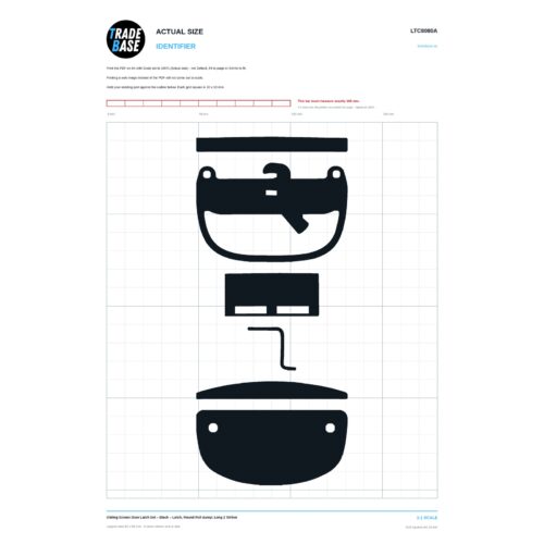 Actual size 1:1 printable identifier for LTC8080A Sliding Screen Door Latch Set - TradeBase Australia. Print on A4 at 100% and lay your part on the outline. 10 mm grid, 100 mm calibration bar. Measures 83.2 x 8.4 mm and 83.2 x 54.4 mm and 51.6 x 23.8 mm and 26.6 x 23.8 mm and 83.2 x 9.8 mm and 83.2 x 41.3 mm.
