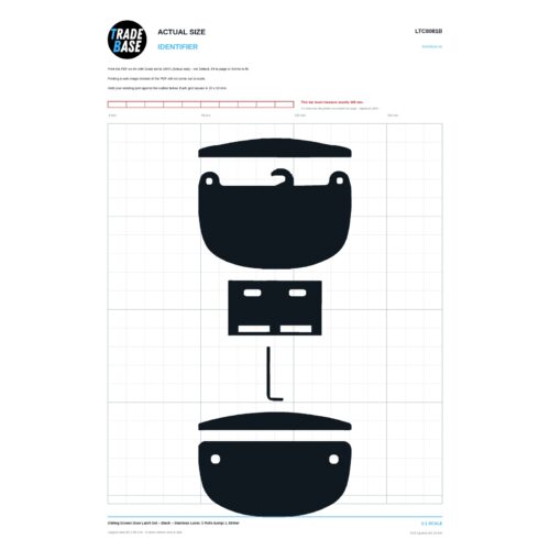 Actual size 1:1 printable identifier for LTC8081B Sliding Screen Door Latch Set - TradeBase Australia. Print on A4 at 100% and lay your part on the outline. 10 mm grid, 100 mm calibration bar. Measures 83.2 x 10.4 mm and 83.2 x 54.8 mm and 50.9 x 30.0 mm and 9.0 x 29.6 mm and 83.2 x 9.8 mm and 83.2 x 41.3 mm.