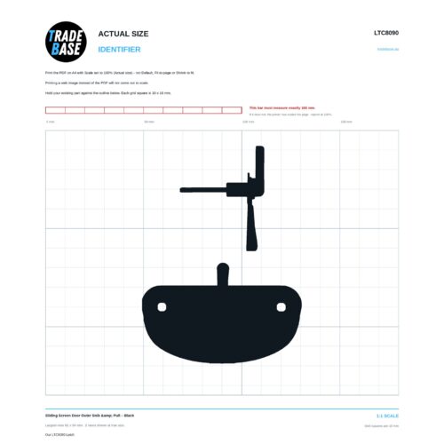 Actual size 1:1 printable identifier for LTC8090 Sliding Screen Door Outer Snib & Pull - TradeBase Australia. Print on A4 at 100% and lay your part on the outline. 10 mm grid, 100 mm calibration bar. Measures 43.4 x 54.1 mm and 82.1 x 51.9 mm.