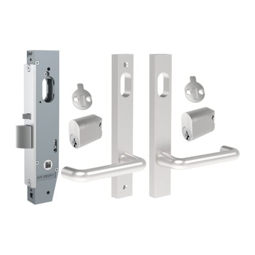Narrow stile mortice lock and lever set NL23-1 in satin chrome, cylinder outside and inside