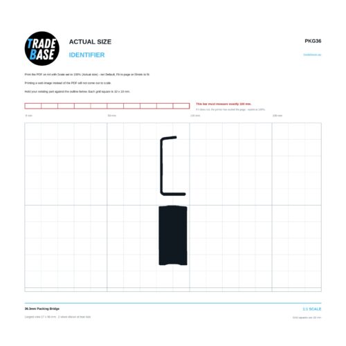 PKG36 36.3mm Packing Bridge actual size identifier, 1:1 scale print sheet on a 10 mm grid