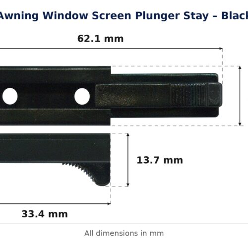 Dimension diagram for PST4638 Awning Window Screen Plunger Stay - TradeBase Australia. All dimensions in millimetres, drawn on the part.