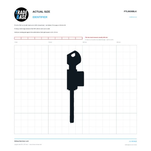PTL8630BLK Sliding Patio Door Lock actual size identifier, 1:1 scale print sheet on a 10 mm grid