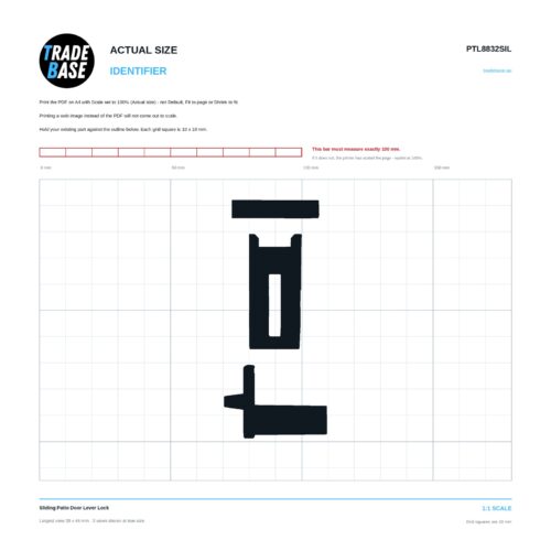 PTL8832SIL Sliding Patio Door Lever Lock actual size identifier, 1:1 scale print sheet on a 10 mm grid
