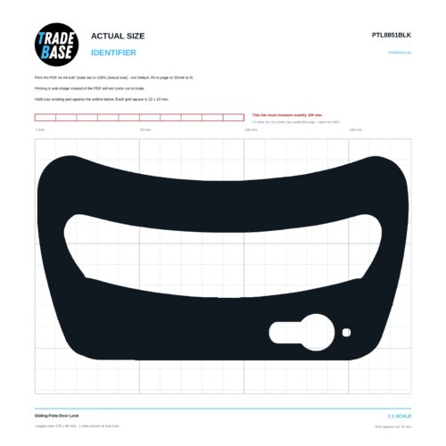 PTL8851BLK Sliding Patio Door Lock actual size identifier, 1:1 scale print sheet on a 10 mm grid