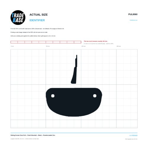 Actual size 1:1 printable identifier for PUL8060 Sliding Screen Door Pull - TradeBase Australia. Print on A4 at 100% and lay your part on the outline. 10 mm grid, 100 mm calibration bar. Measures 9.1 x 41.3 mm and 80.6 x 41.1 mm.