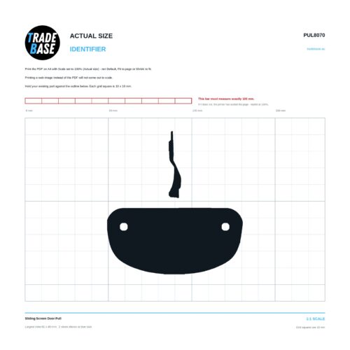 PUL8070 Sliding Screen Door Pull actual size identifier, 1:1 scale print sheet on a 10 mm grid