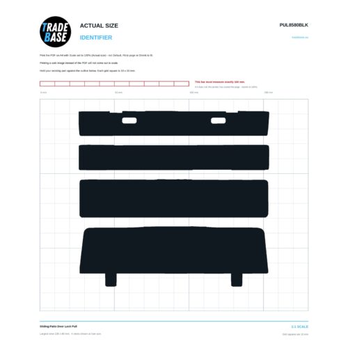 PUL8580BLK Sliding Patio Door Lock Pull actual size identifier, 1:1 scale print sheet on a 10 mm grid