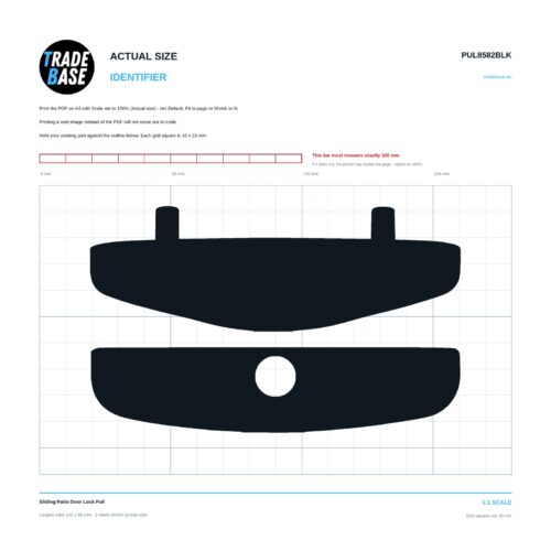 PUL8582BLK Sliding Patio Door Lock Pull actual size identifier, 1:1 scale print sheet on a 10 mm grid