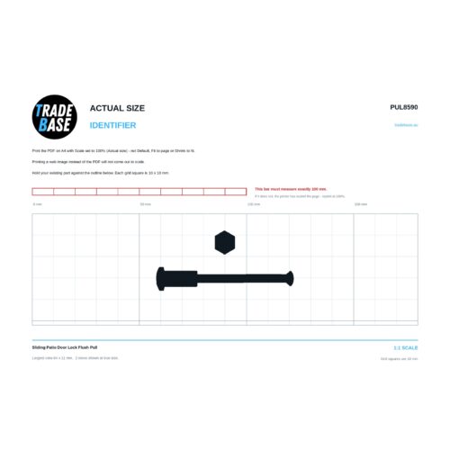 PUL8590 Sliding Patio Door Lock Flush Pull actual size identifier, 1:1 scale print sheet on a 10 mm grid
